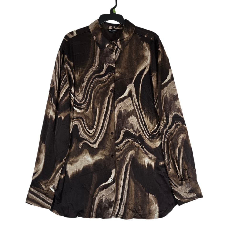 The Limited Button Front Shirt Womens XL Brown Beige Satin Long Sleeve Career